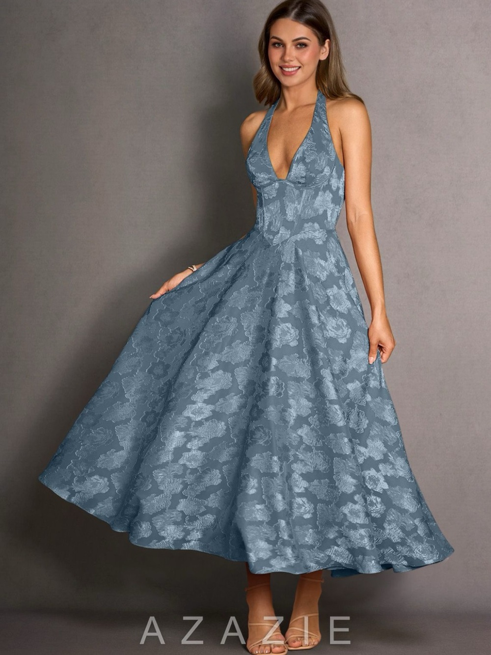 Azazie Dusty Blue Halter Midi Dress INCLUDES matching satin shawl & bag
